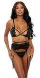 Black Lace Bra With Matching Garter and Panty Set